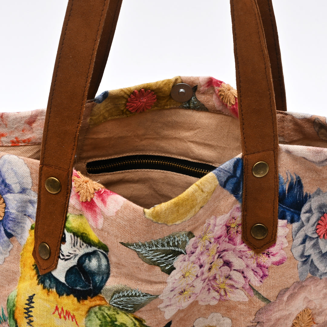 Embroidered Parrot & Floral Cotton Tote Bag – Multicolor