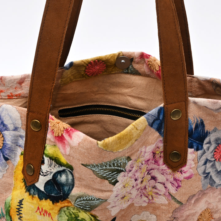 Embroidered Parrot & Floral Cotton Tote Bag – Multicolor