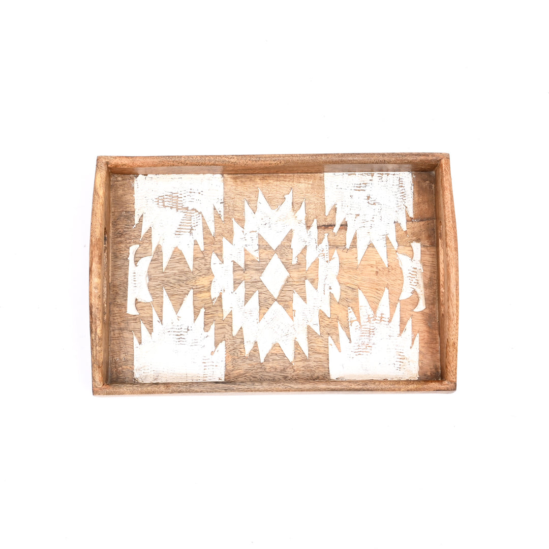 Matterhorn Carved Mango Wood Nesting Tray Set of 3 - Whitewashed Decorative Serving Trays for Home Decor