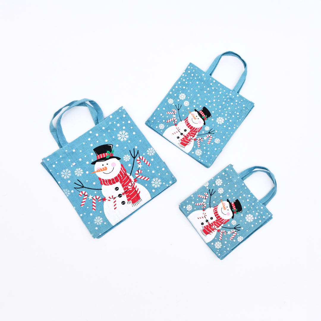 Snowman Laminated Jute Gift Bags – Reusable Cotton Handles