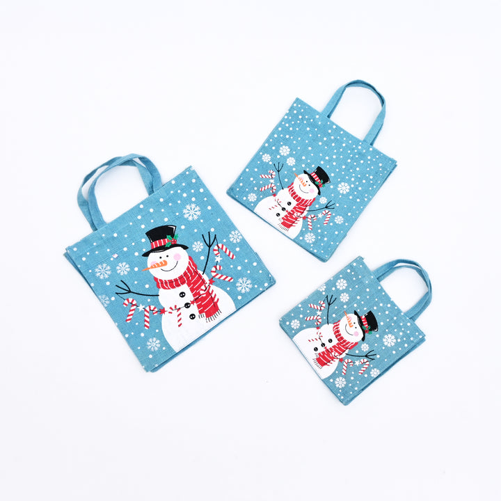Snowman Laminated Jute Gift Bags – Reusable Cotton Handles