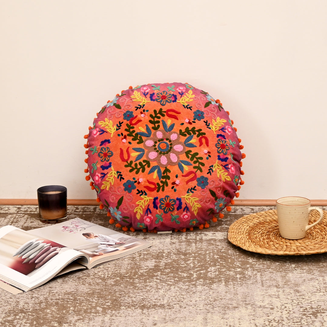 Embroidered Cotton Cushion- Floral Design- 50x50 cm