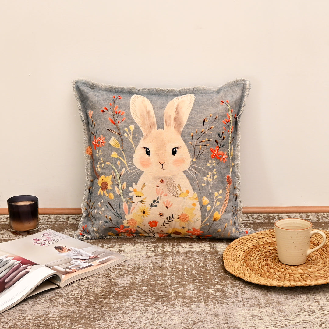 Embroidered Cotton Cushion- Rabbit Floral Design- 45x45 cm