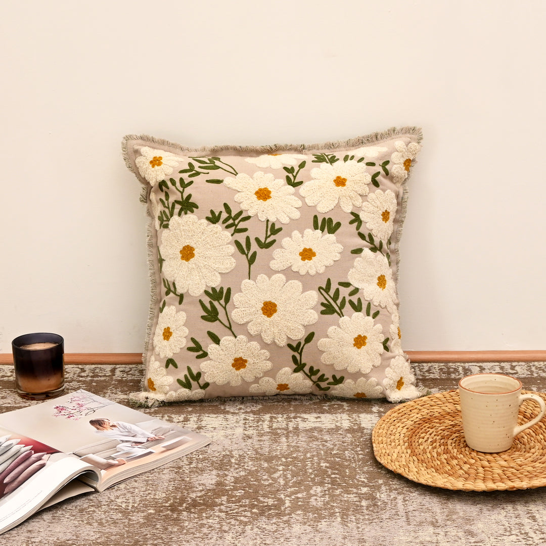 Embroidered Cotton Cushion- Flora Daisy Design- 45x45 cm