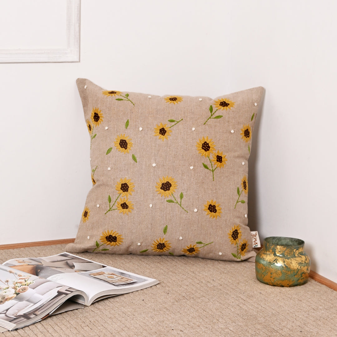Embroidered Cotton Cushion- Sunflower Design- 45x45 cm
