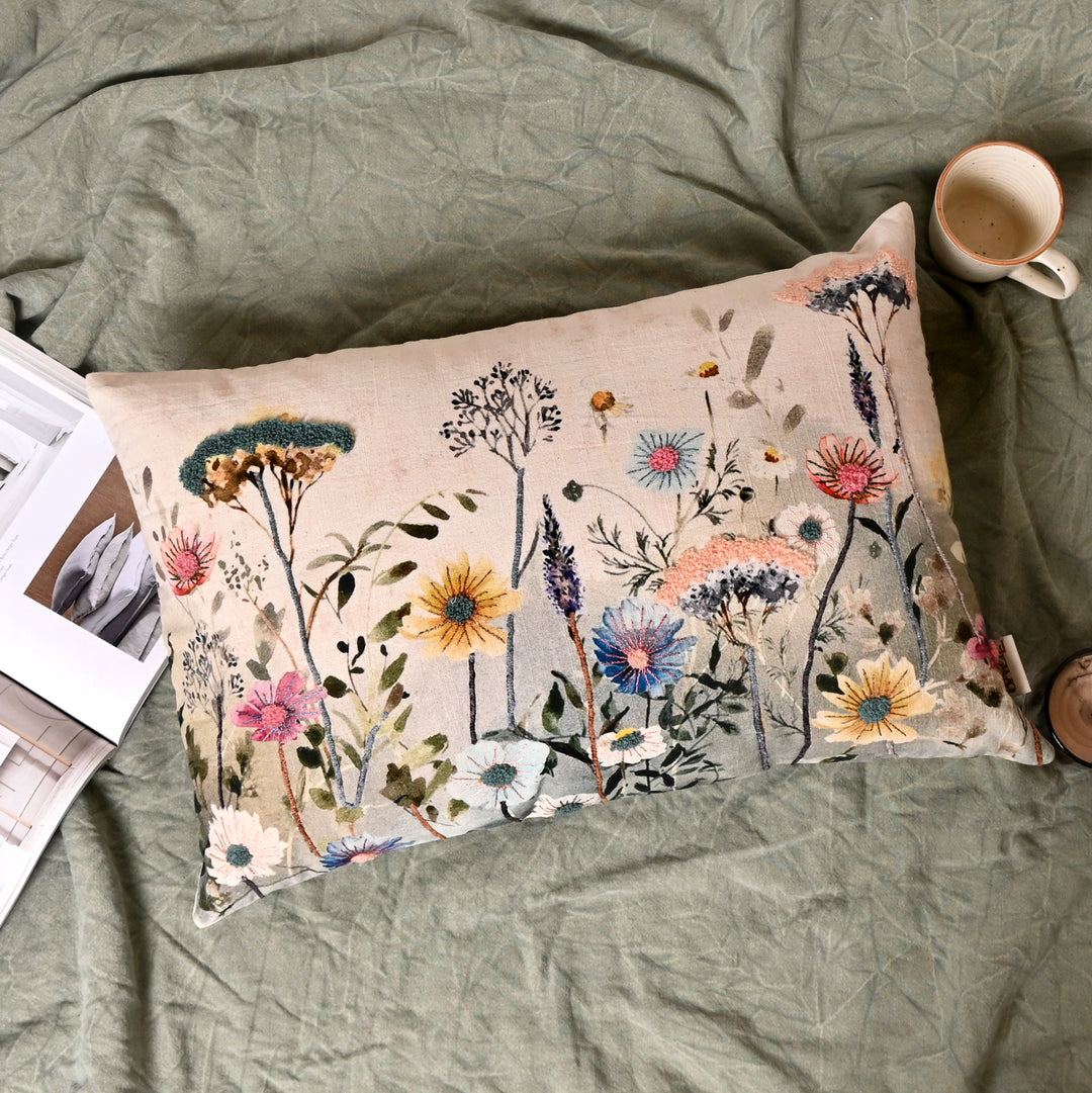 Spring Botanical Embroidered Lumbar Cushion-40x60 cm