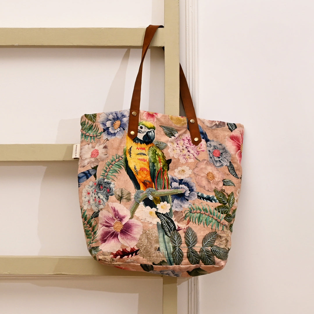 Embroidered Parrot & Floral Cotton Tote Bag – Multicolor