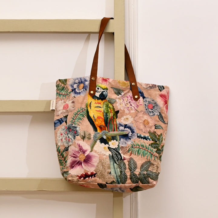 Embroidered Parrot & Floral Cotton Tote Bag – Multicolor