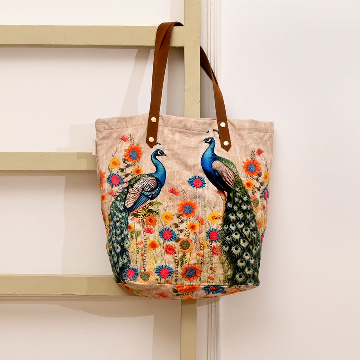Embroidered Peacock Cotton Tote Bag – Floral Multi Shopper