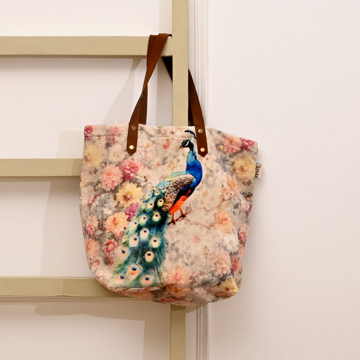 Peacock Floral Velvet Cotton Tote Bag - 40×48 cm Digital Print