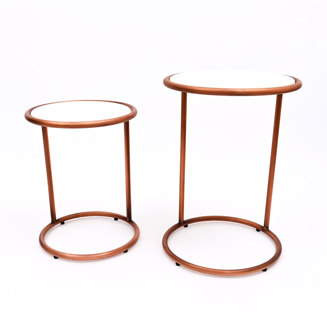 Copper Antique C Round Table With Marble Top Set of 2