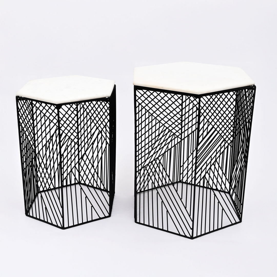 Hexagonal Wire Marble Table  Set of 2