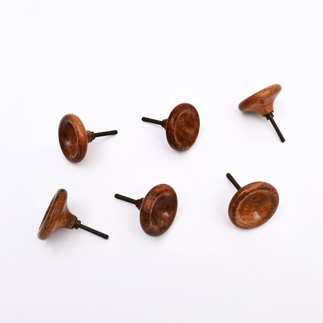 Ensemble de 6 boutons d'armoire en bois de manguier concave marron