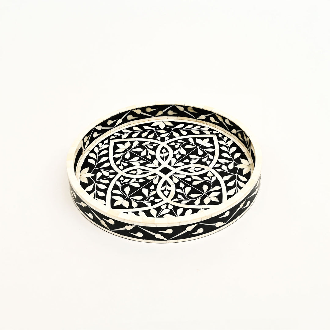 Bandeja redonda con incrustación de hueso floral