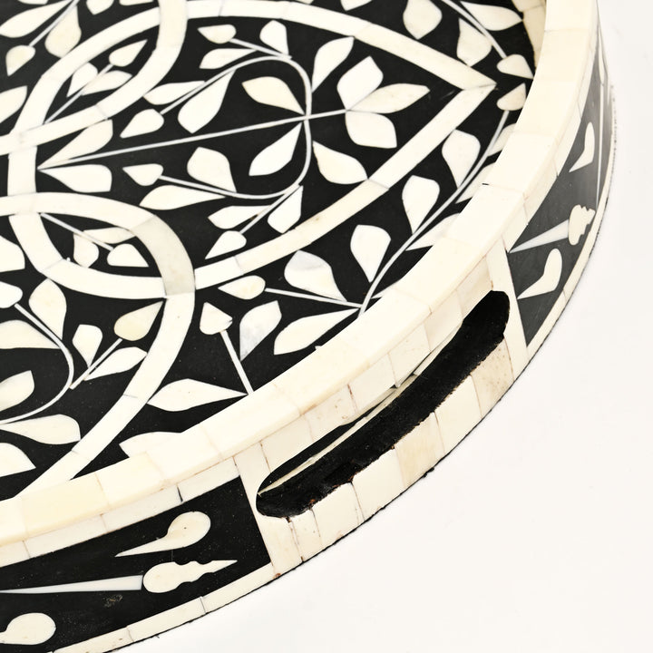 Bandeja redonda con incrustación de hueso floral