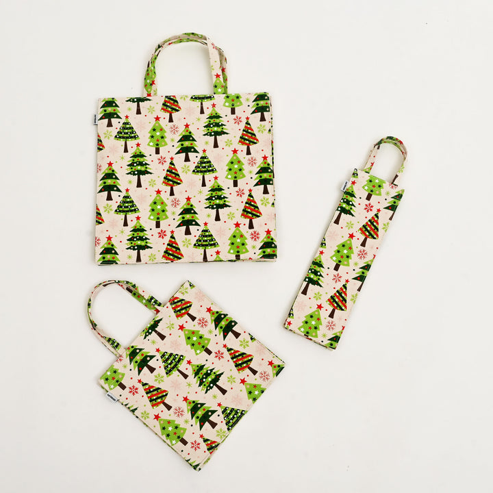 Eco-Friendly Laminated Cotton Canvas Tote Bag | Green & White Christmas Tree Print | Reusable Wine Bag