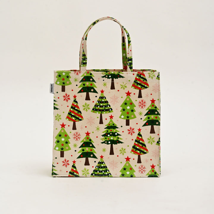 Eco-Friendly Laminated Cotton Canvas Tote Bag | Green & White Christmas Tree Print | Reusable Gift Bag