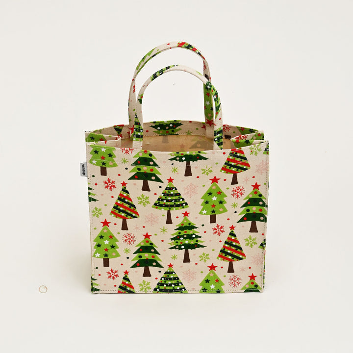 Eco-Friendly Laminated Cotton Canvas Tote Bag | Green & White Christmas Tree Print | Reusable Gift Bag
