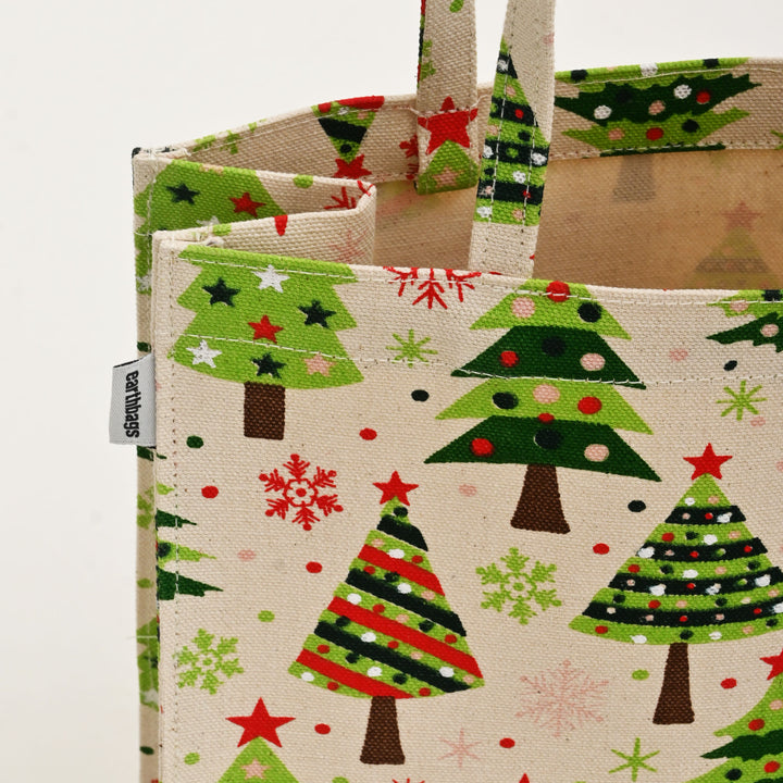 Eco-Friendly Laminated Cotton Canvas Tote Bag | Green & White Christmas Tree Print | Reusable Gift Bag