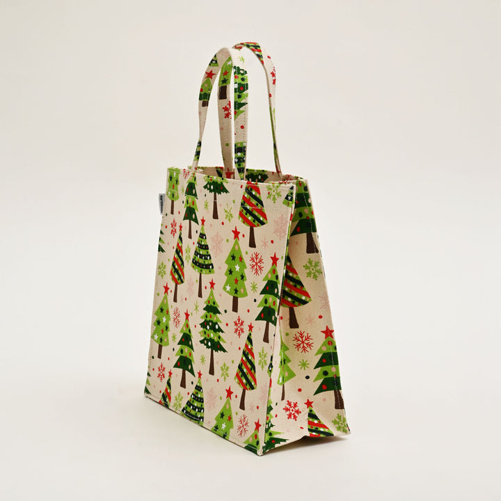 Eco-Friendly Laminated Cotton Canvas Tote Bag | Green & White Christmas Tree Print | Reusable Gift Bag
