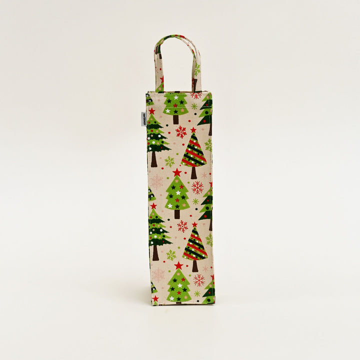 Eco-Friendly Laminated Cotton Canvas Tote Bag | Green & White Christmas Tree Print | Reusable Wine Bag