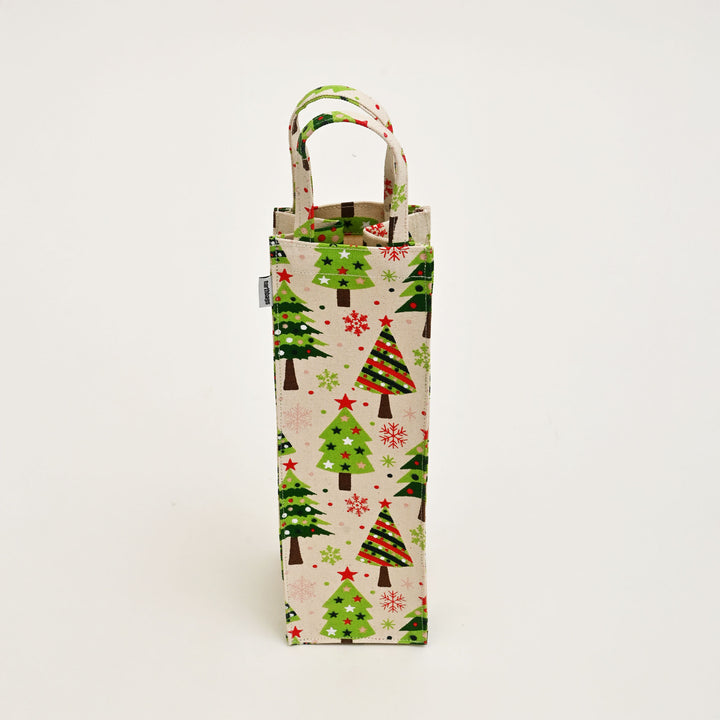 Eco-Friendly Laminated Cotton Canvas Tote Bag | Green & White Christmas Tree Print | Reusable Wine Bag