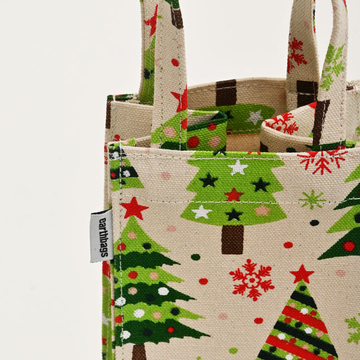 Eco-Friendly Laminated Cotton Canvas Tote Bag | Green & White Christmas Tree Print | Reusable Wine Bag