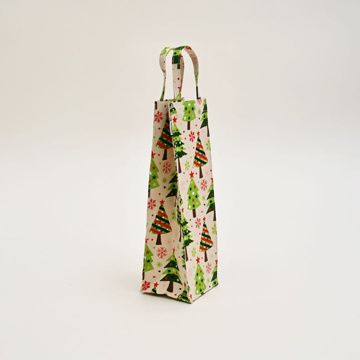 Eco-Friendly Laminated Cotton Canvas Tote Bag | Green & White Christmas Tree Print | Reusable Wine Bag