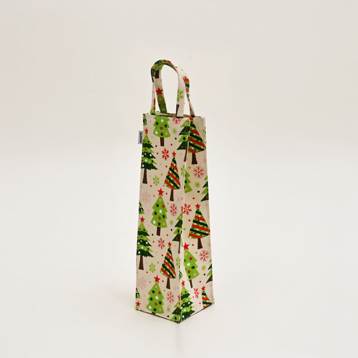 Eco-Friendly Laminated Cotton Canvas Tote Bag | Green & White Christmas Tree Print | Reusable Wine Bag