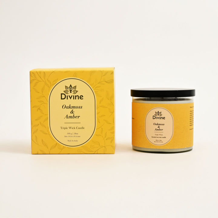 Oahmoss & Amber Triple Wick Glass Candle – Premium Earthy Scented Candle for Home Décor