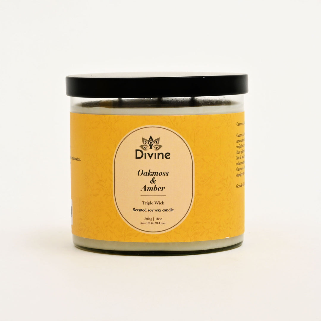 Oahmoss & Amber Triple Wick Glass Candle – Premium Earthy Scented Candle for Home Décor