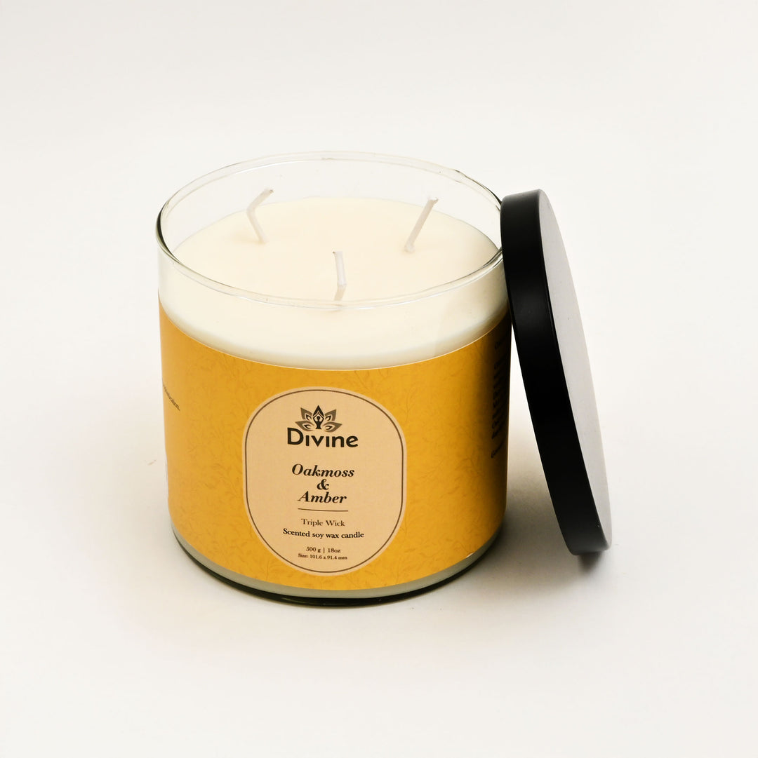 Oahmoss & Amber Triple Wick Glass Candle – Premium Earthy Scented Candle for Home Décor