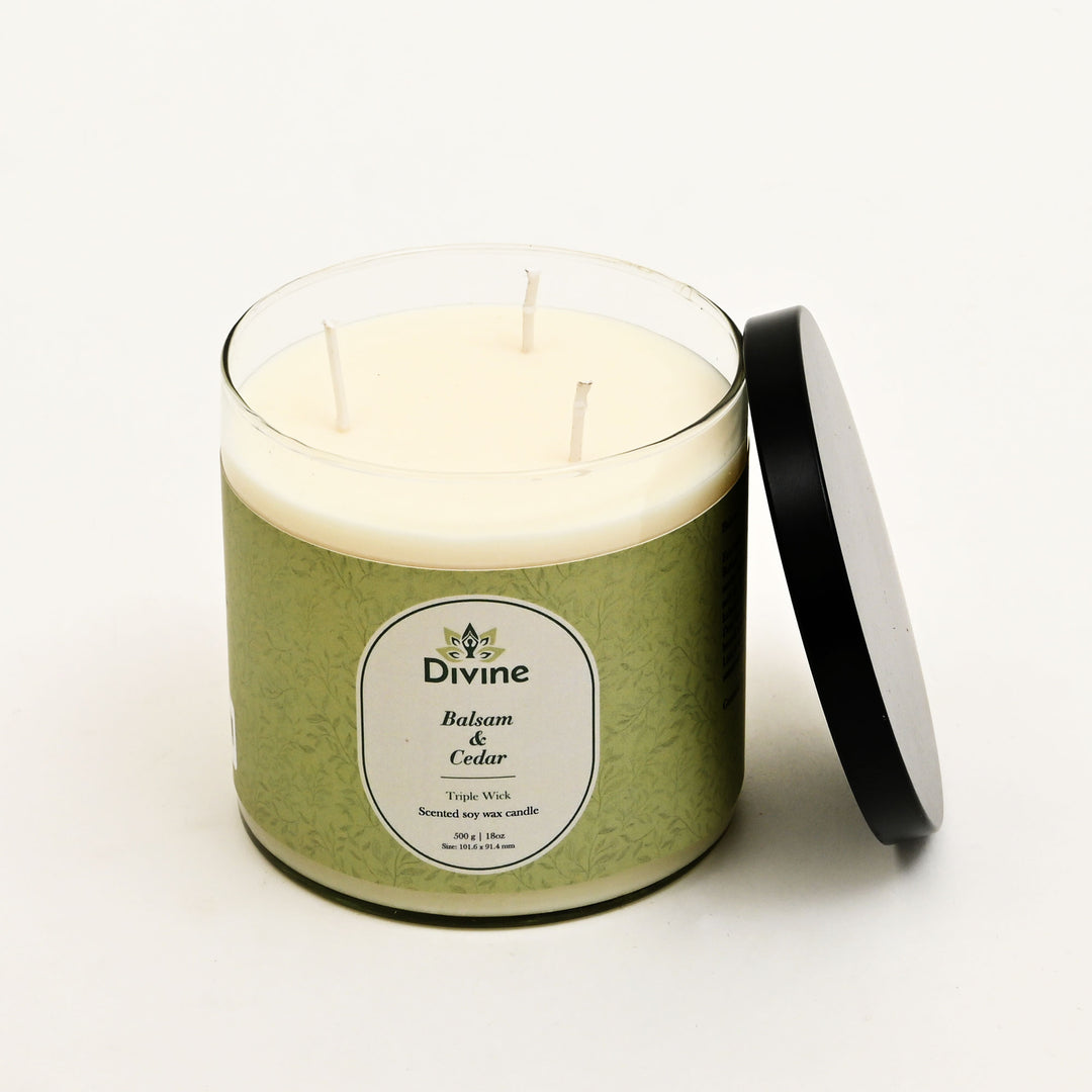 Balsam & Cedar Triple Wick Glass Candle – Warm Woodsy Scented Candle for Cozy & Natural Ambiance