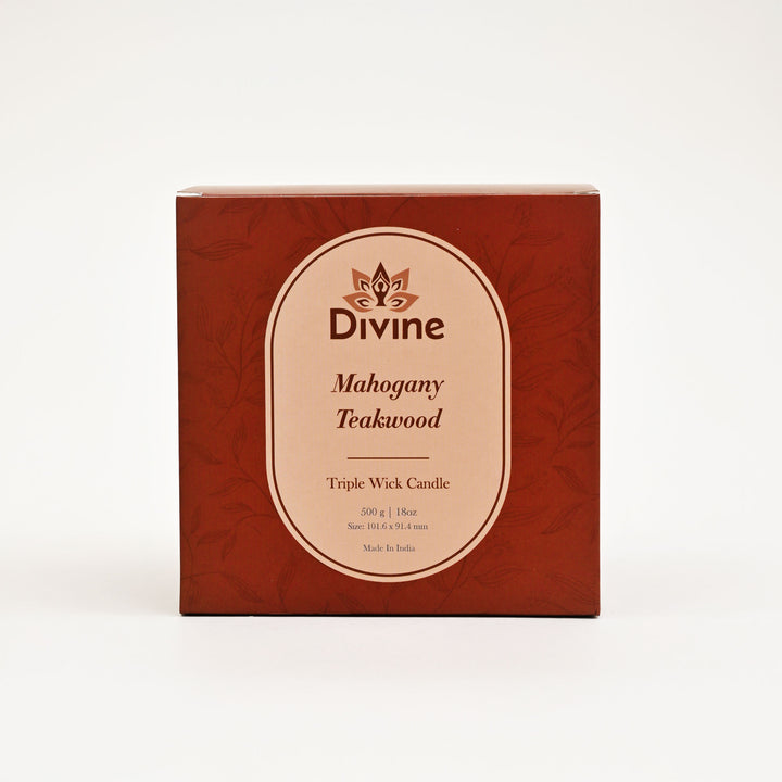 Mahogany & Teakwood Triple Wick Glass Candle – Premium Aromatic Home Décor Candle