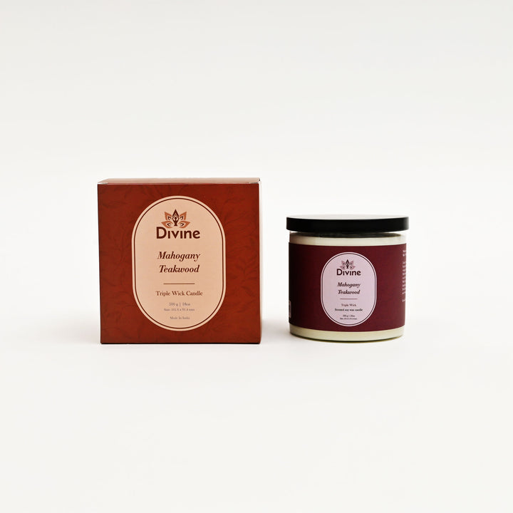Mahogany & Teakwood Triple Wick Glass Candle – Premium Aromatic Home Décor Candle
