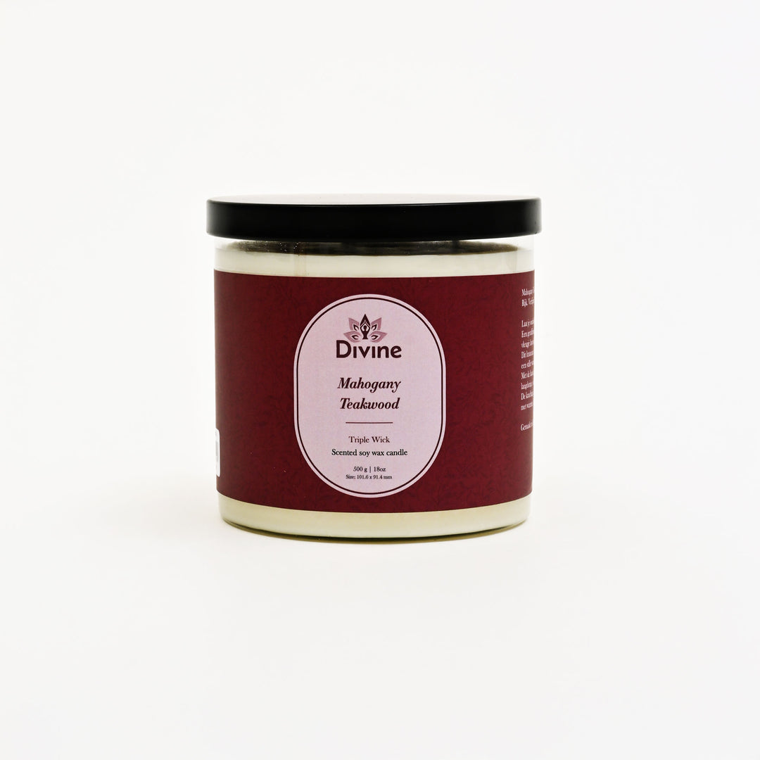 Mahogany & Teakwood Triple Wick Glass Candle – Premium Aromatic Home Décor Candle