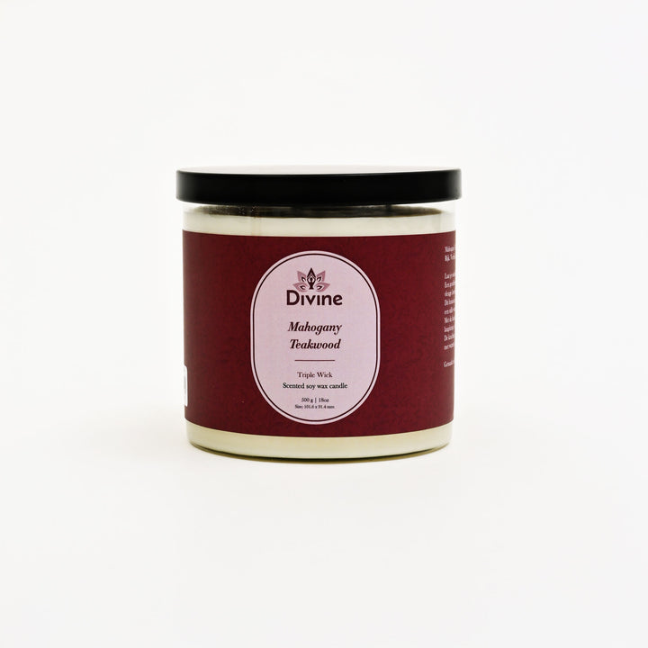 Mahogany & Teakwood Triple Wick Glass Candle – Premium Aromatic Home Décor Candle