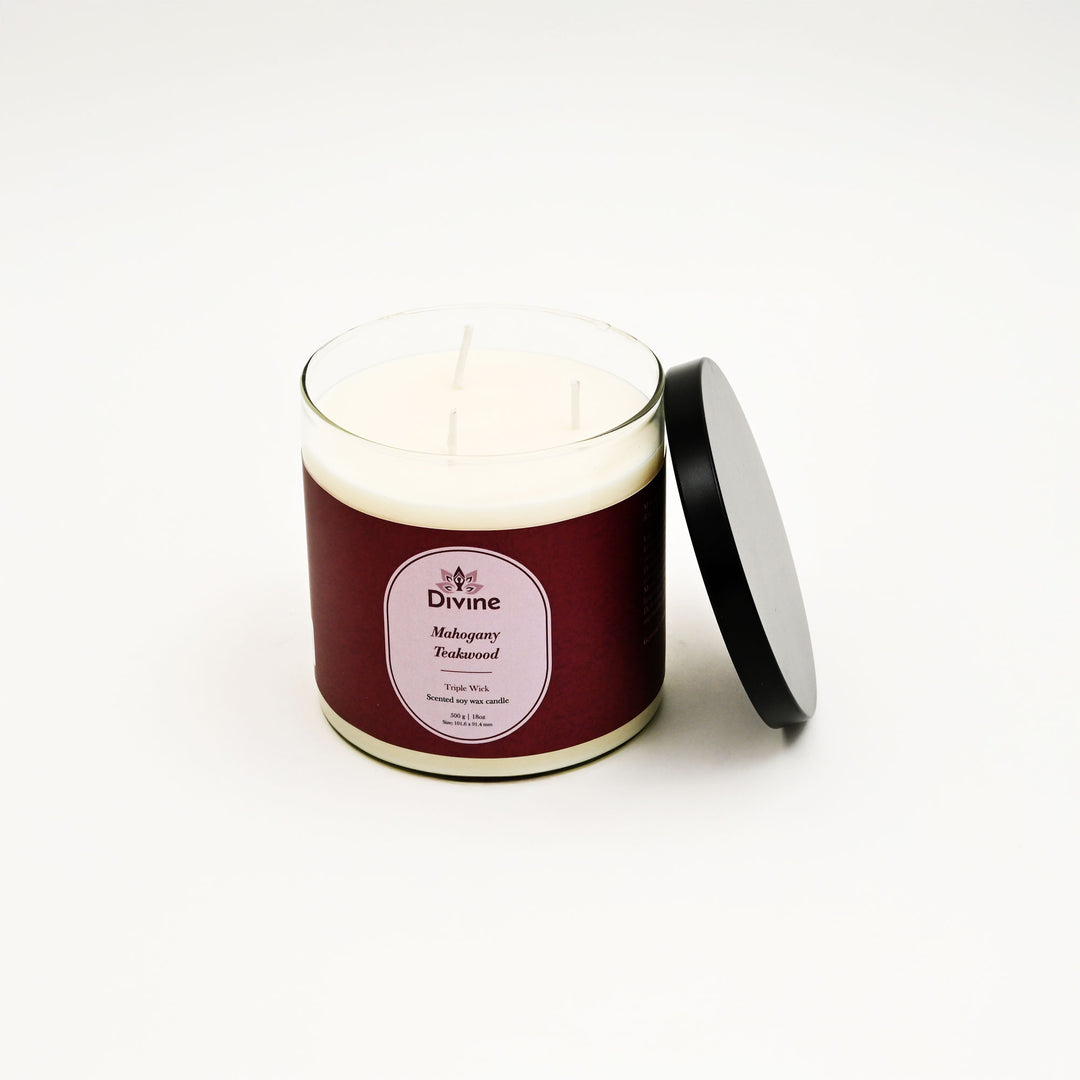 Mahogany & Teakwood Triple Wick Glass Candle – Premium Aromatic Home Décor Candle