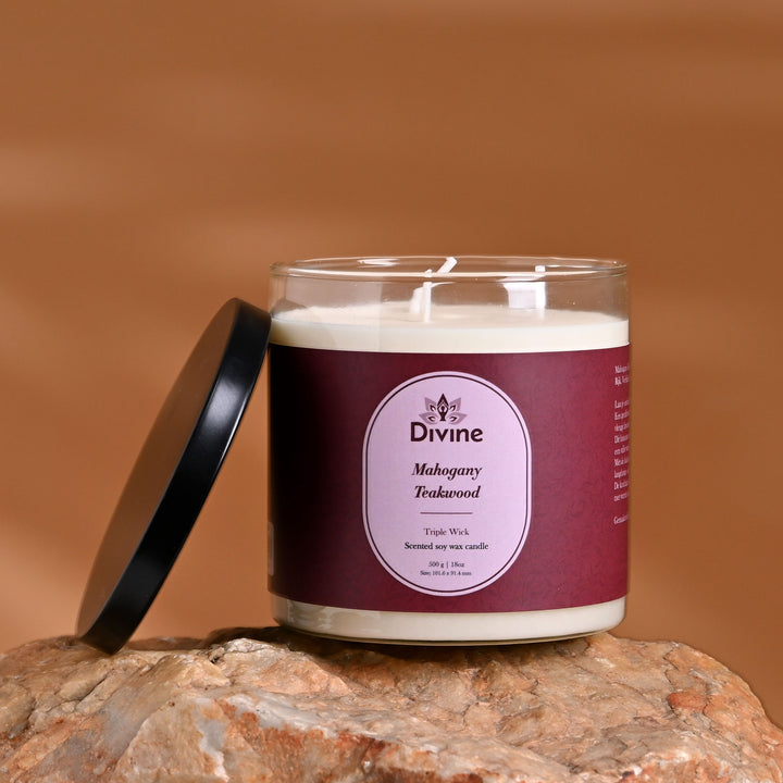 Mahogany & Teakwood Triple Wick Glass Candle – Premium Aromatic Home Décor Candle