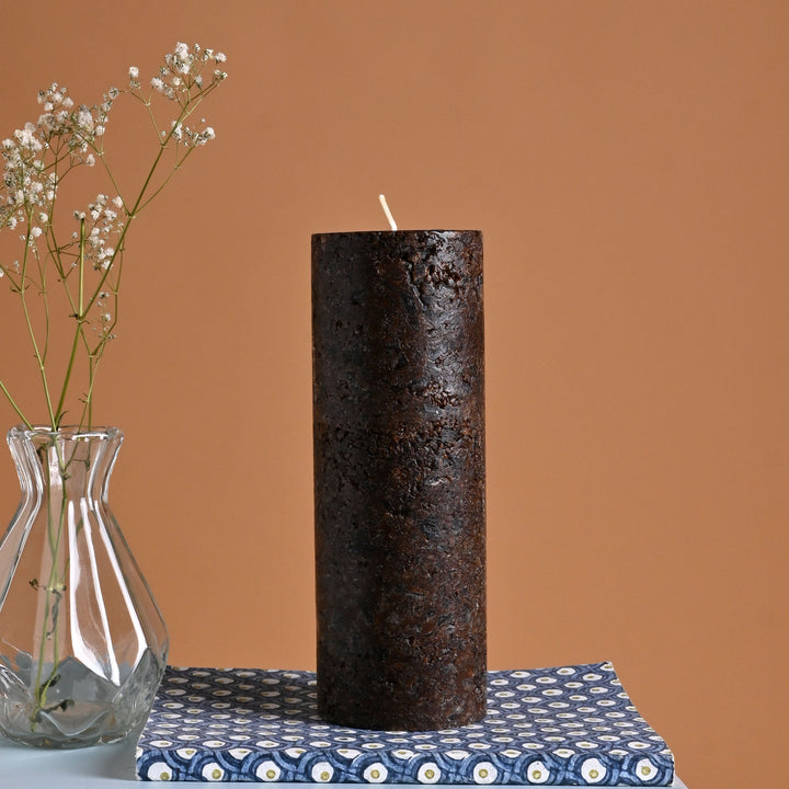 Myrrh & Amber Marble Pillar Candle – Bronze Collection | Handcrafted Marble Finish Wax Candle with Warm Resinous Fragrance | Luxurious Home Décor Accent