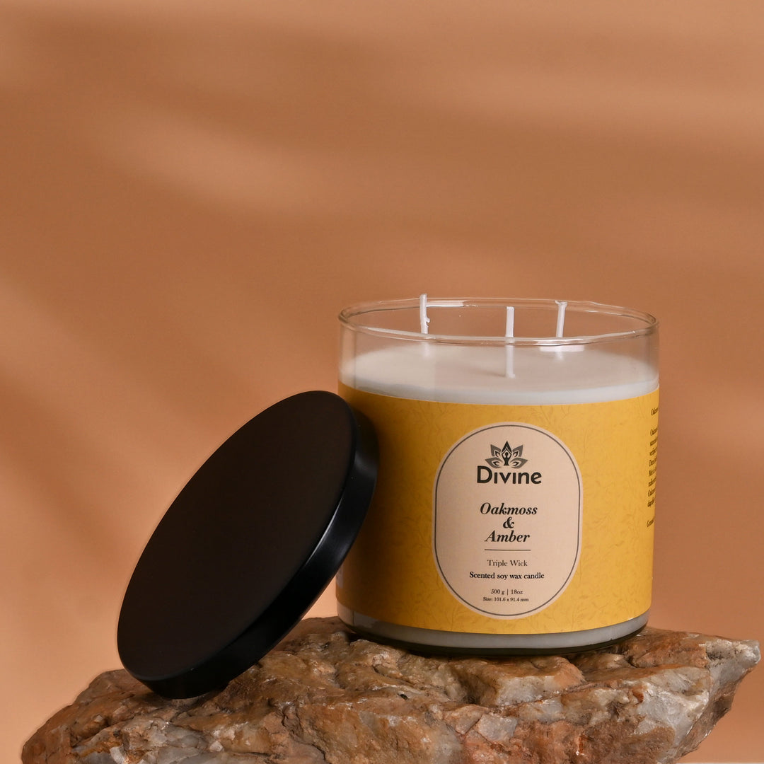 Oahmoss & Amber Triple Wick Glass Candle – Premium Earthy Scented Candle for Home Décor