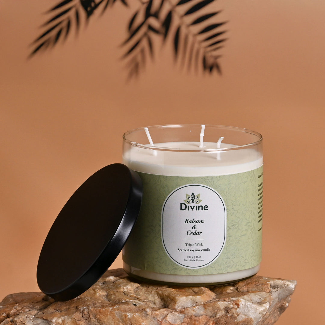 Balsam & Cedar Triple Wick Glass Candle – Warm Woodsy Scented Candle for Cozy & Natural Ambiance