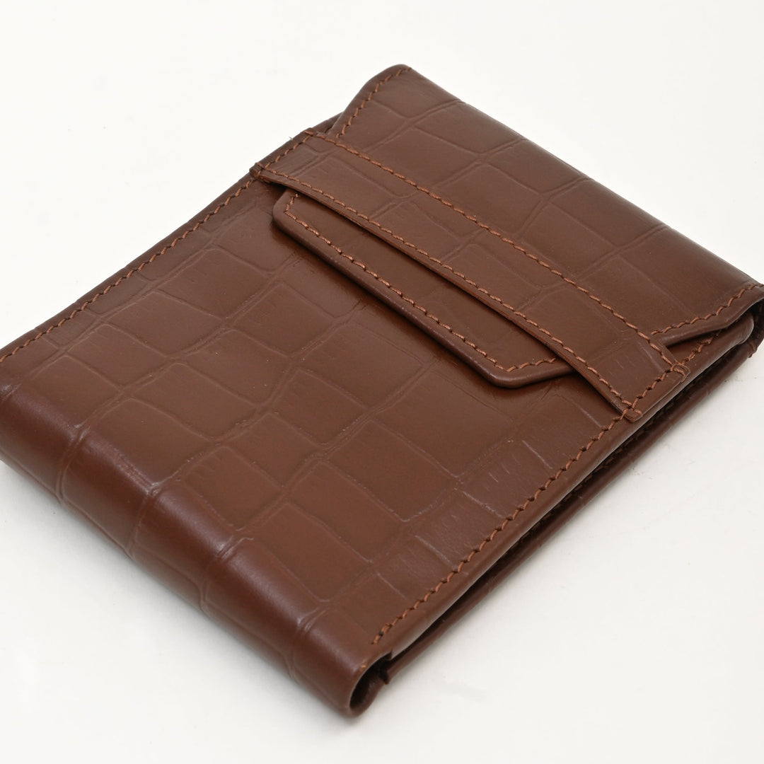 Men’s Leather Wallet 3B Scrbrn – Premium Brown Croc Look Napa Leather Wallet with Coin Pocket & 6 Card Slots | Luxury Slim Bifold Design