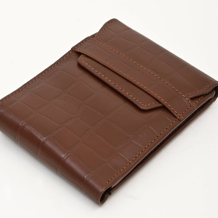 Men’s Leather Wallet 3B Scrbrn – Premium Brown Croc Look Napa Leather Wallet with Coin Pocket & 6 Card Slots | Luxury Slim Bifold Design