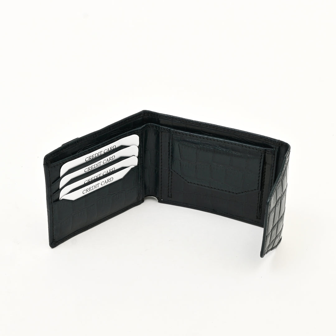 Men’s Leather Wallet 3B Scrgrn – Premium Green Croc Look Napa Leather Wallet with Coin Pocket & 6 Card Slots | Luxury Slim Bifold Design