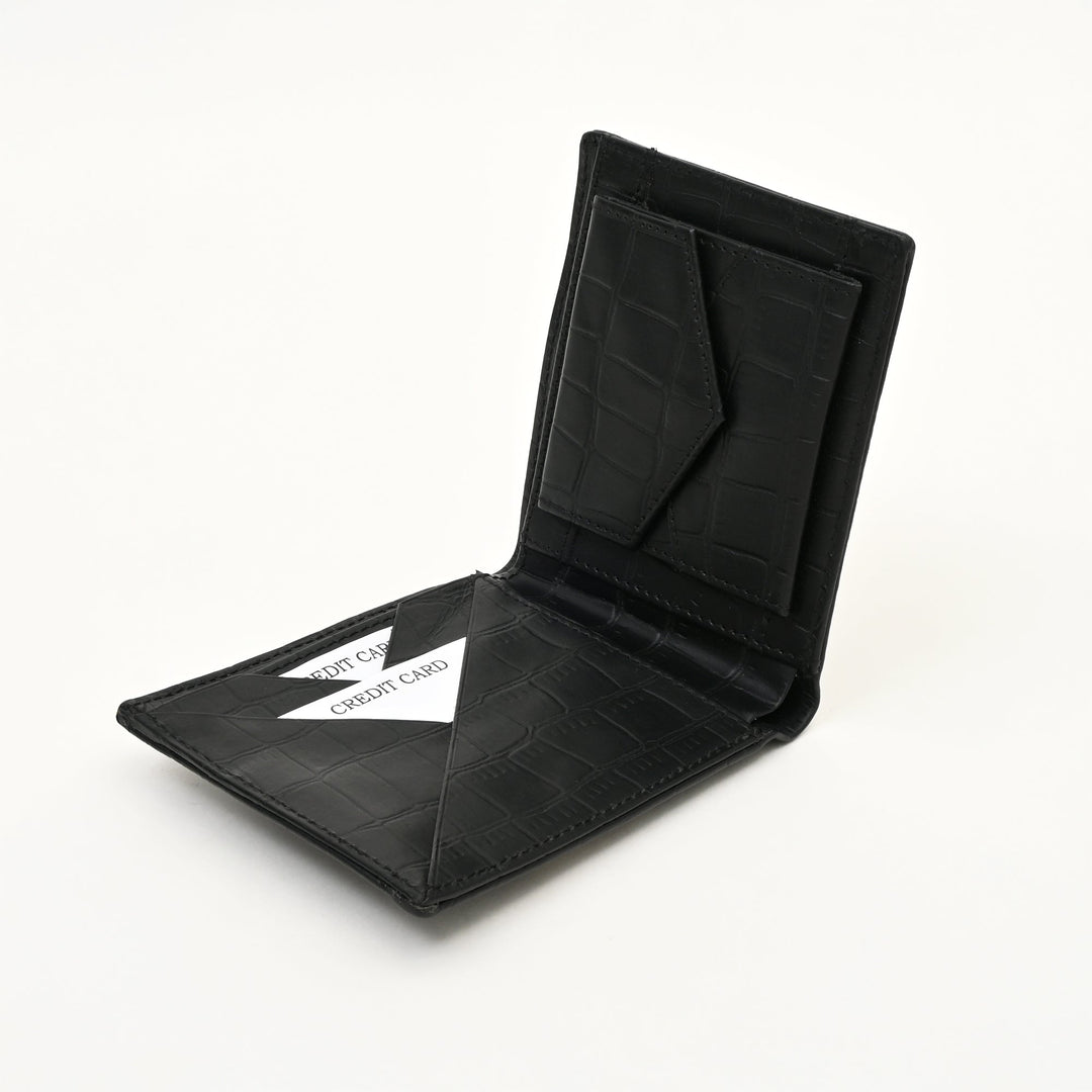 Leather Wallet 1B Croblk – Croc Look Black Napa Leather Wallet for Men | Elegant & Functional Slim Design