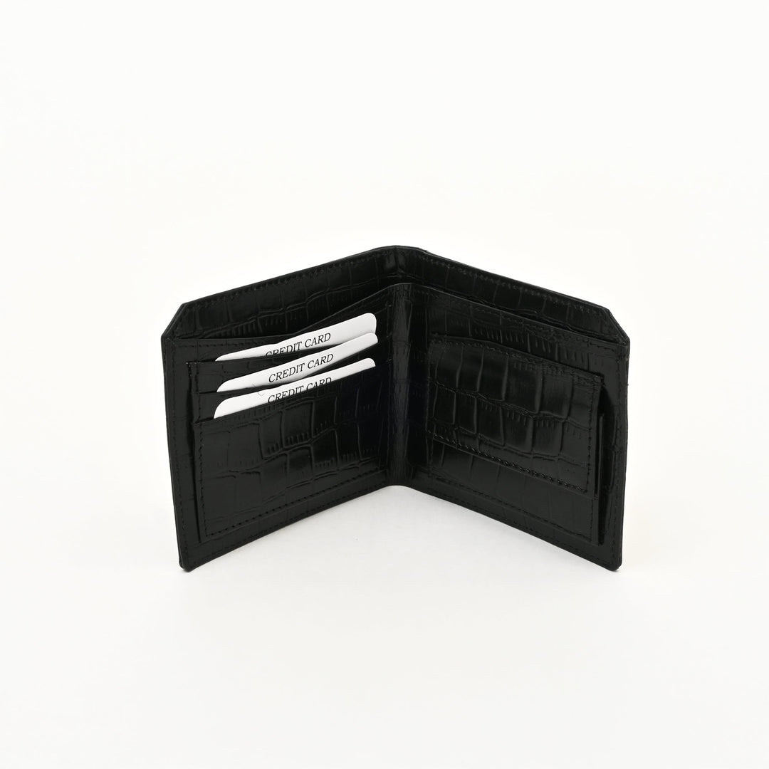 Luxury Black Napa Leather Wallet – Slim Croc-Pattern Design with Coin Pocket & Card Slots