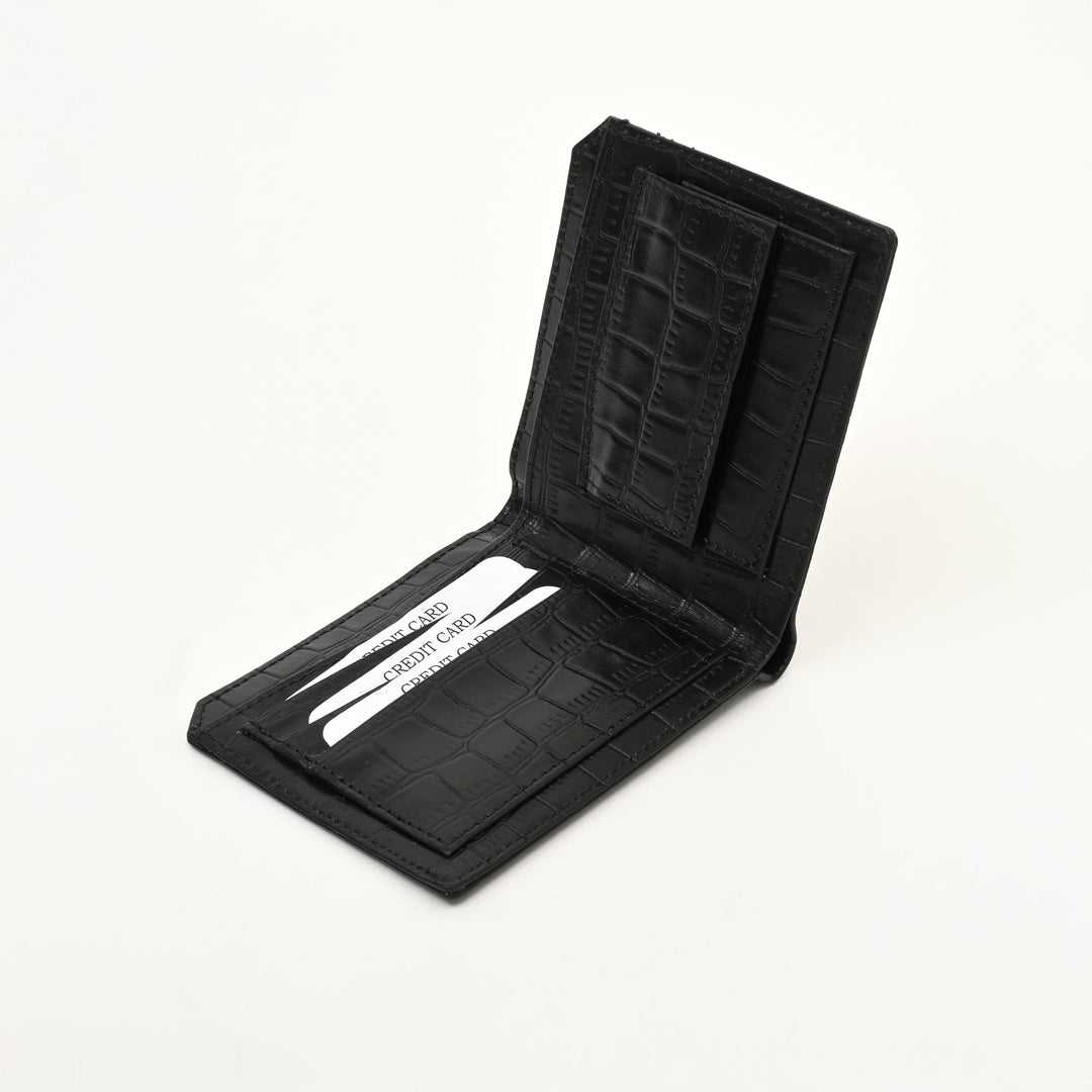 Luxury Black Napa Leather Wallet – Slim Croc-Pattern Design with Coin Pocket & Card Slots