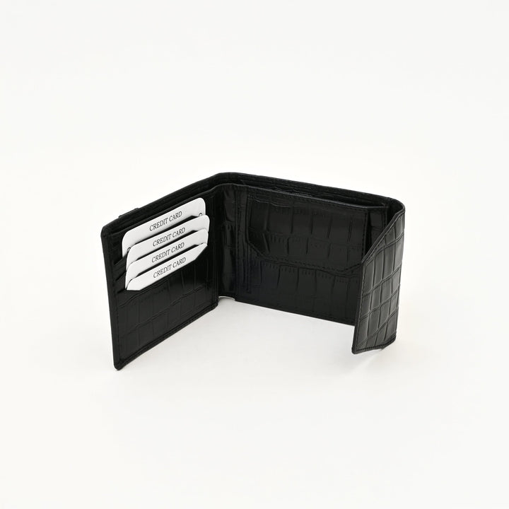 Men’s Leather Wallet 3S Scrblk – Premium Black Croc Look Napa Leather Wallet with Coin Pocket & 6 Card Slots | Elegant Slim Bifold Wallet