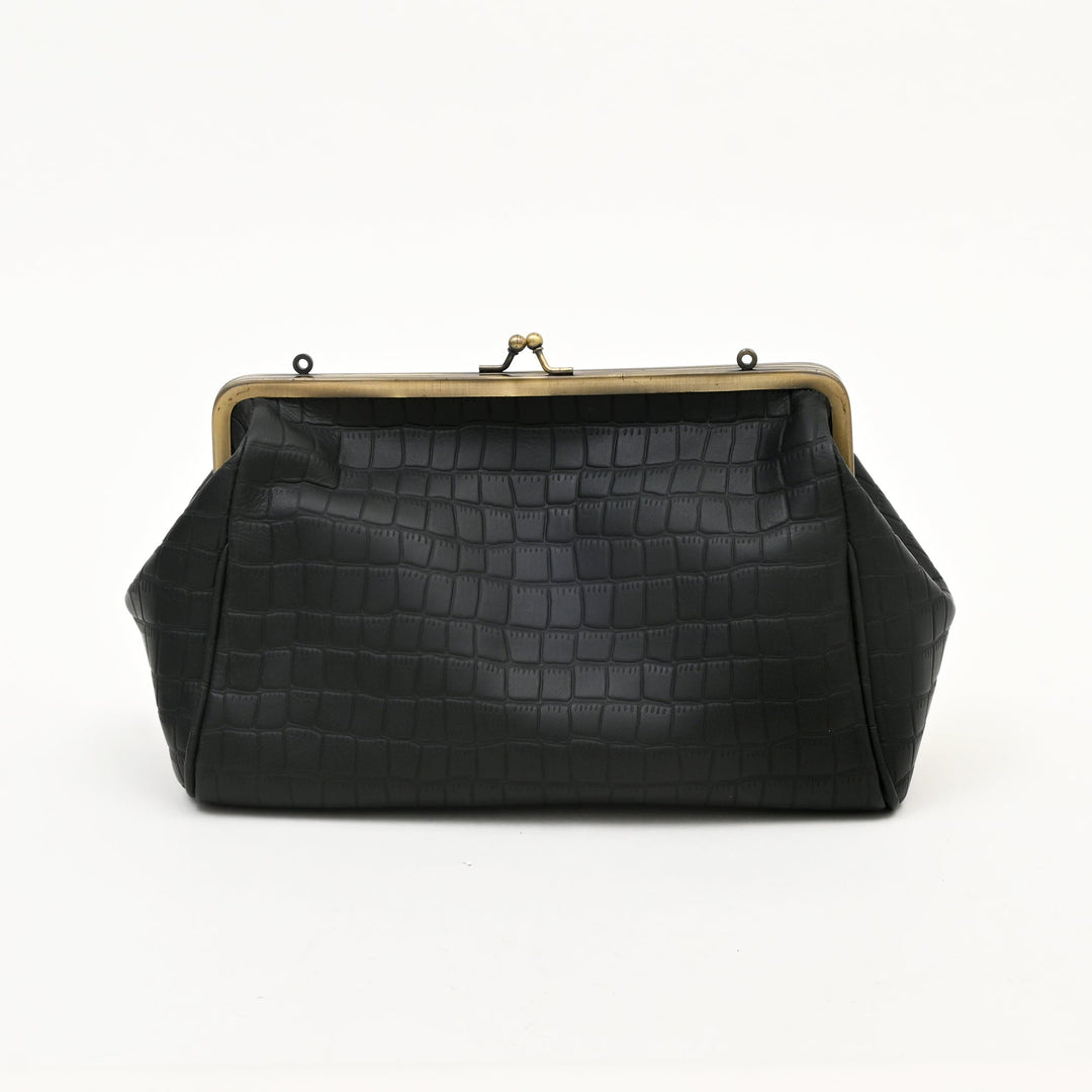 Premium Full-Grain Black Croc-Look Leather Side Bag for Women | Vintage Kiss-Lock Evening Handbag with Brass Frame & Spacious Compartment